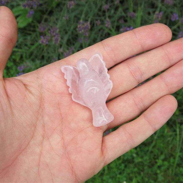 Rose Quartz Crystal Angel Figurine 1.5" Pink Stone Angel Carving