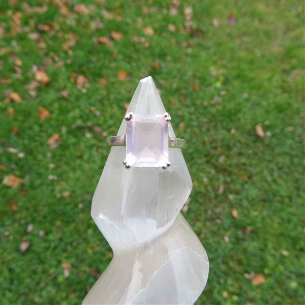 Pink Rose Quartz Ring in Sterling Silver Emerald Cut Stone