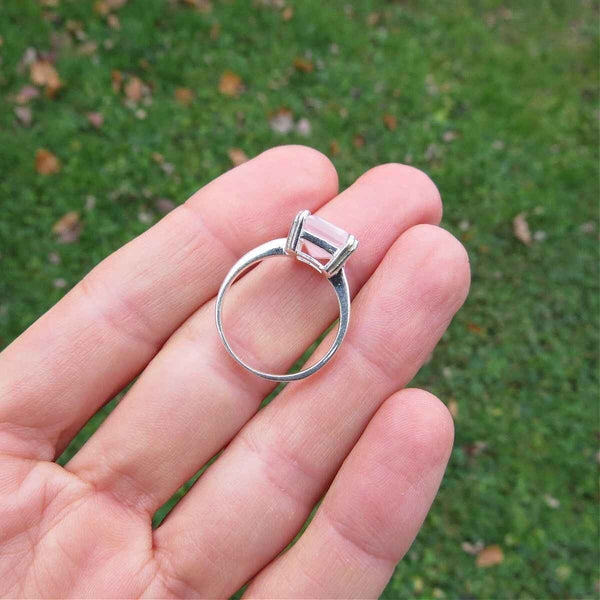 Rose Quartz Ring in Sterling Silver Size 6.25 Emerald Cut Stone