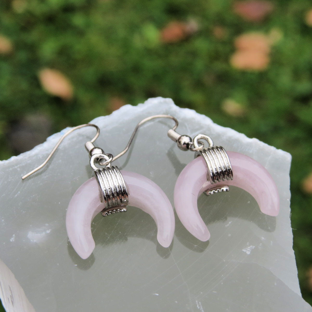 Rose Quartz Crystal Crescent Moon Earrings | Half Moon Jewelry