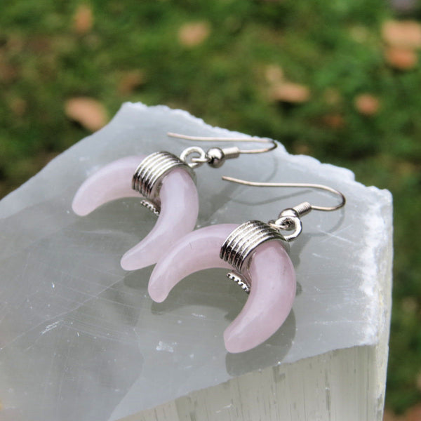 Rose Quartz Crystal Crescent Moon Earrings | Half Moon Jewelry