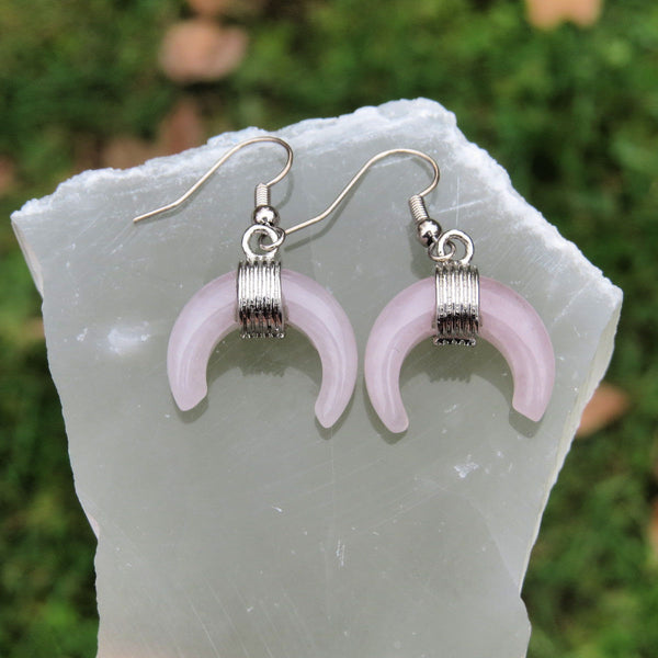 Rose Quartz Crystal Crescent Moon Earrings | Half Moon Jewelry