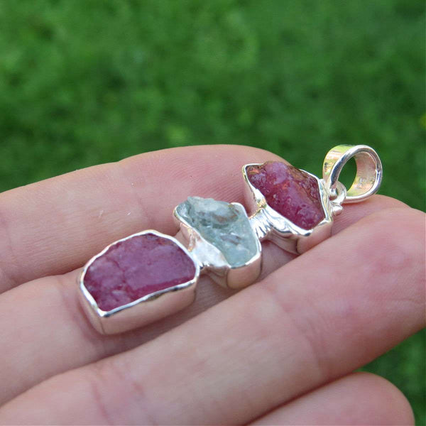 Raw Ruby & Aquamarine 3 Stone Pendant in Sterling Silver