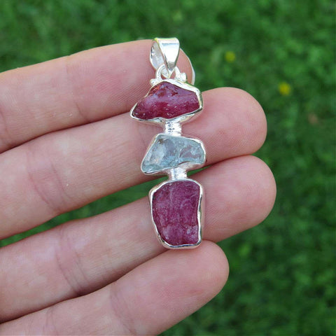 Ruby Aquamarine Stone Pendant Sterling Silver