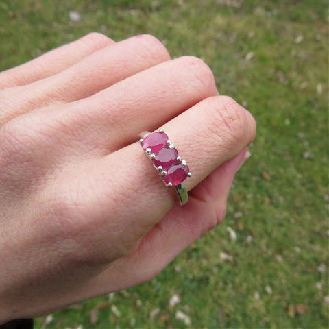 Pink Ruby Ring in Sterling Silver - 3 Stones