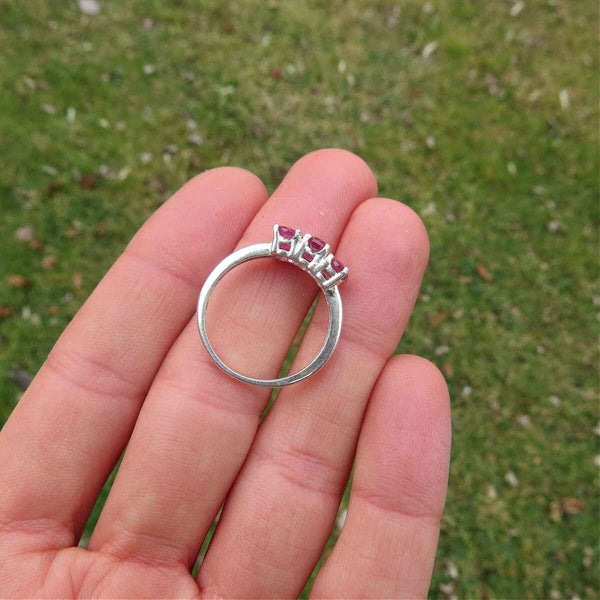 Pink Ruby Ring in Sterling Silver Size 7.25 | 3 Stone Ring