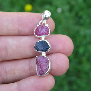 Ruby & Sapphire Raw Stone Pendant in Sterling Silver