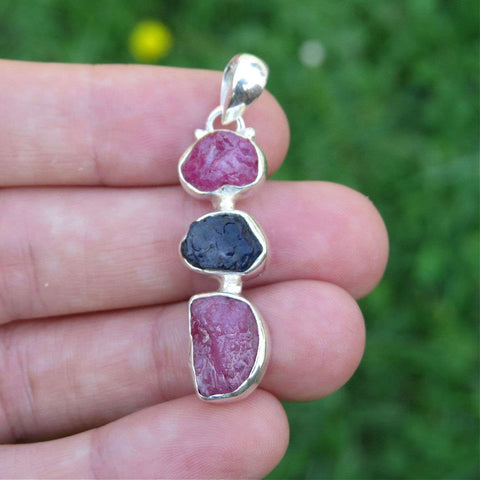Ruby & Sapphire Raw Stone Pendant in Sterling Silver