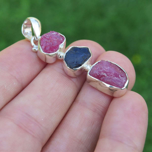 Raw Ruby & Sapphire Pendant Sterling Silver 3 Stone Pendant