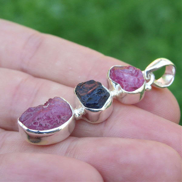 Raw Ruby & Sapphire Pendant Sterling Silver 3 Stone Pendant