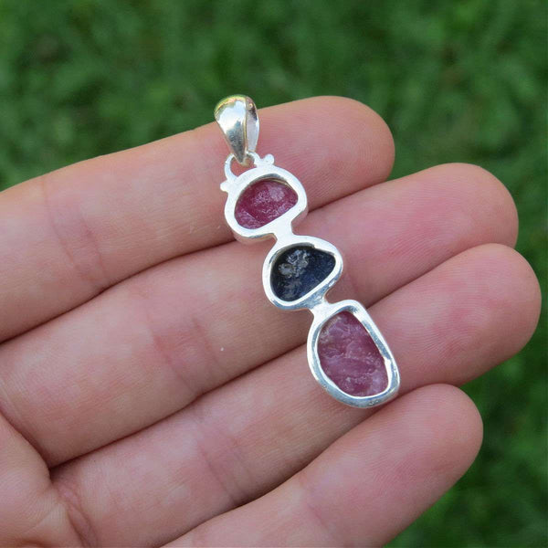 Raw Ruby & Sapphire Pendant Sterling Silver 3 Stone Pendant