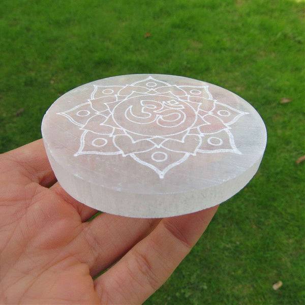 Selenite Charging Plate 3" - Round Etched Ohm Symbol