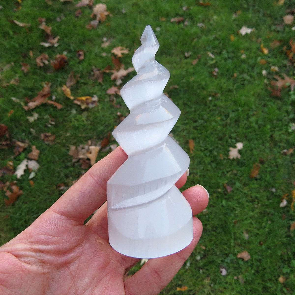 Selenite Crystal Spiral Tower 4" Unicorn Horn Stone