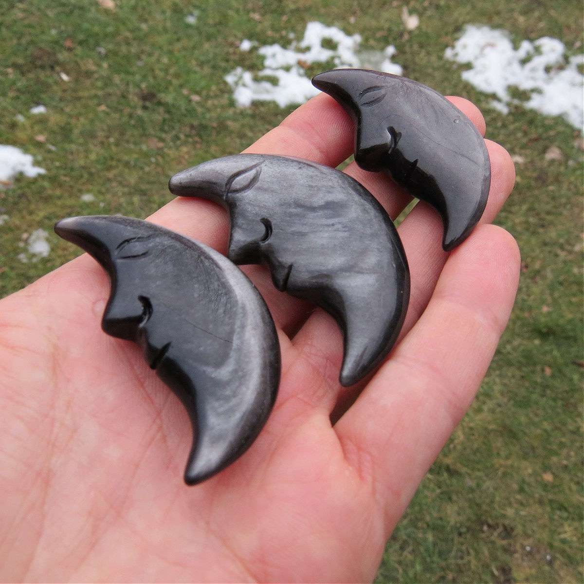 Silver Sheen Obsidian Crystal Moon Carving 2"