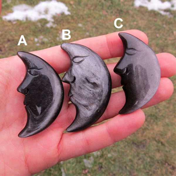 Silver Sheen Obsidian Crystal Moon Carving 2"