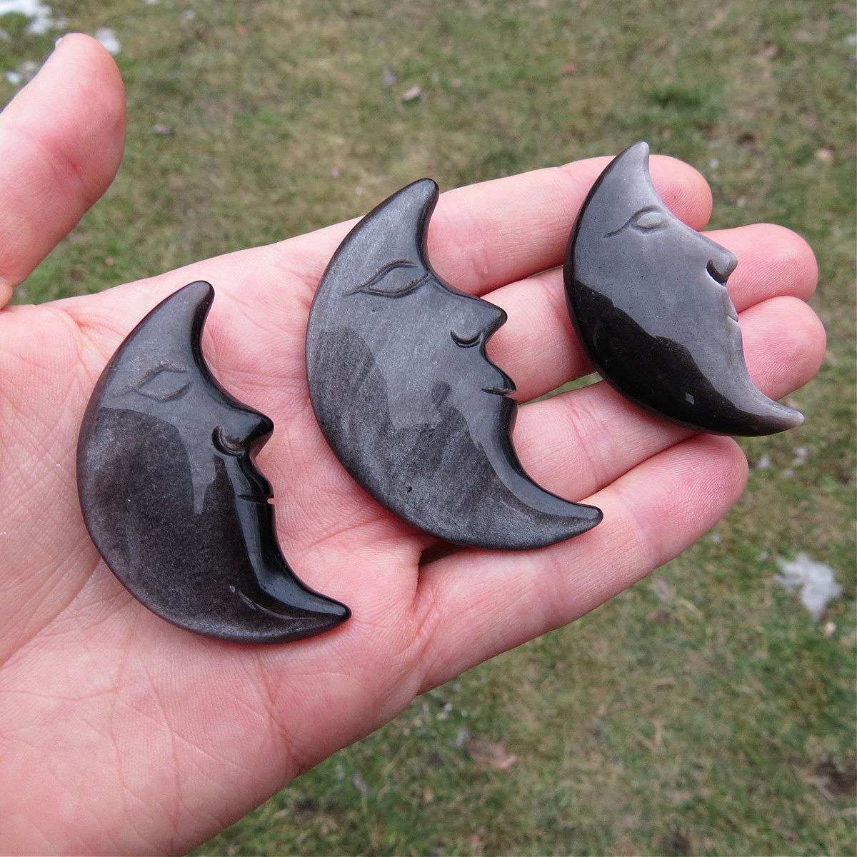 Silver Sheen Obsidian Crystal Moon Carvings w/ Face
