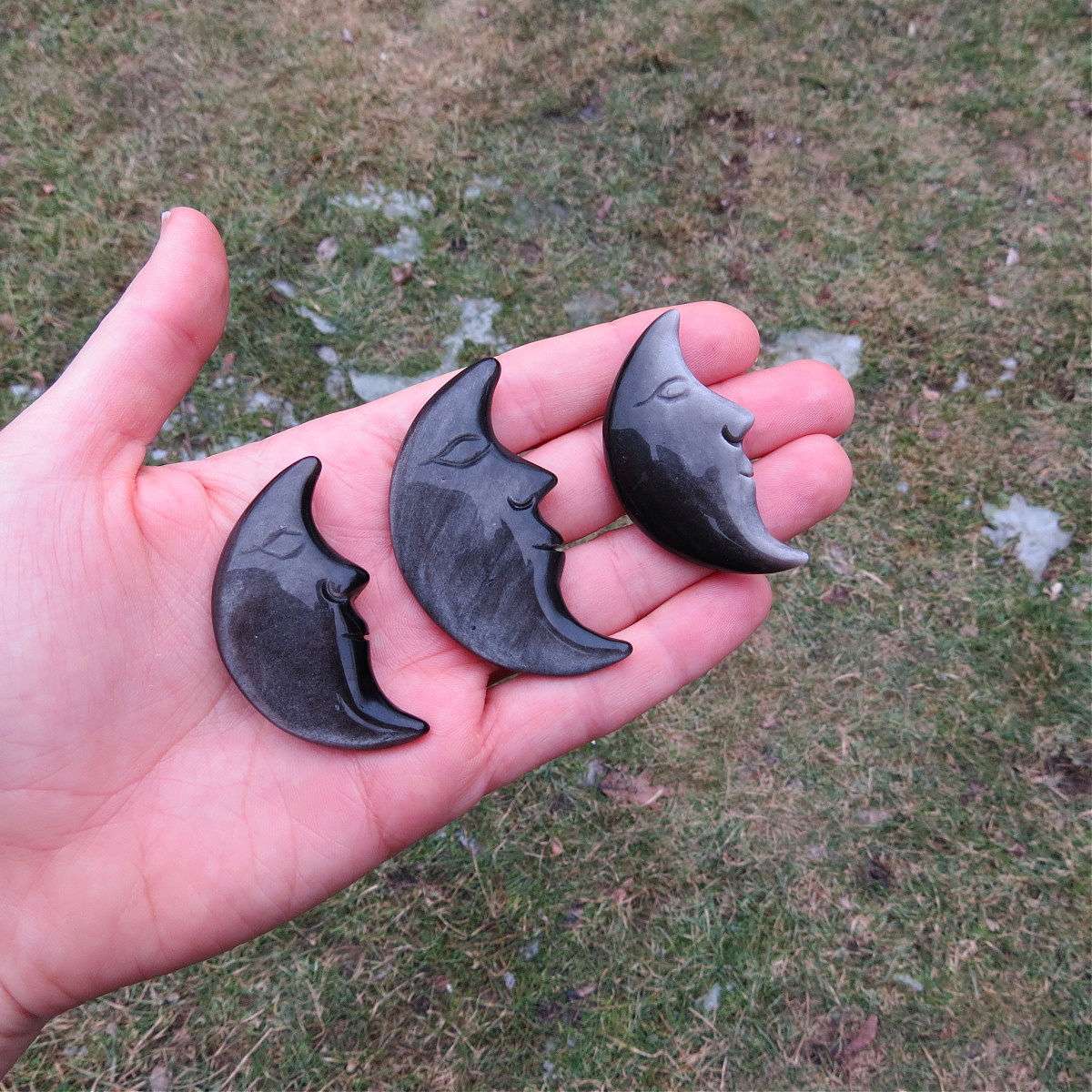 Silver Sheen Obsidian Crystal Moon Carving 2"