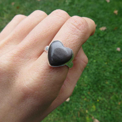 Silver Sheen Obsidian Stone Heart Ring Sterling Silver
