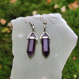 Small Crystal Point Earrings - Purple Amethyst Earrings in Silver
