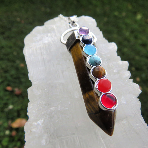 7 Chakra Crystal Point Necklace | Black Cord Chakra Necklace for Men