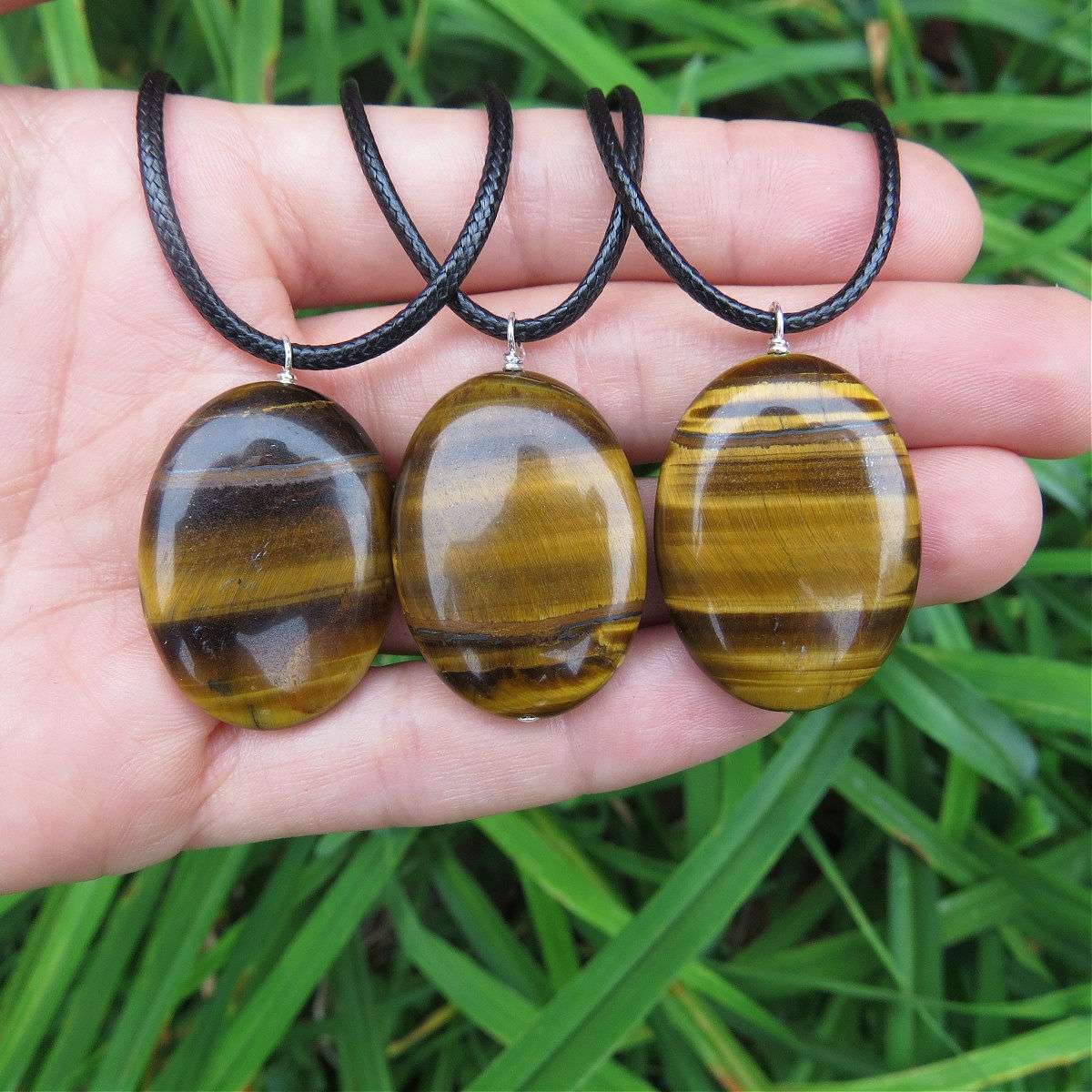 Large Tigers Eye Crystal Necklace - Black Cord Stone Necklace - Willpower, Confidence, Strength