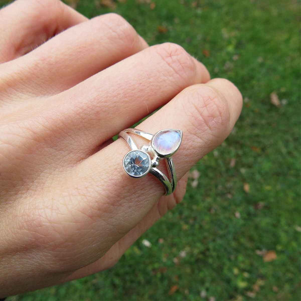 Blue Topaz and Rainbow Moonstone 2 Stone Ring Sterling Silver