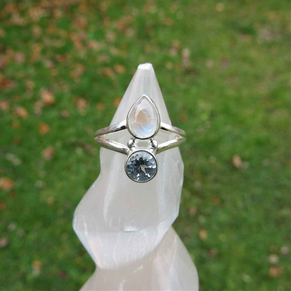 Blue Topaz and Rainbow Moonstone Ring Sterling Silver