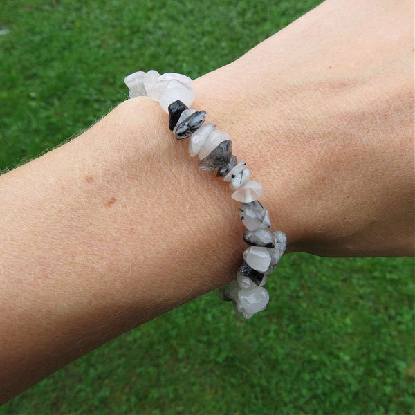 Tourmalinated Quartz Crystal Bracelet - Chip Stone Stretch Bracelet