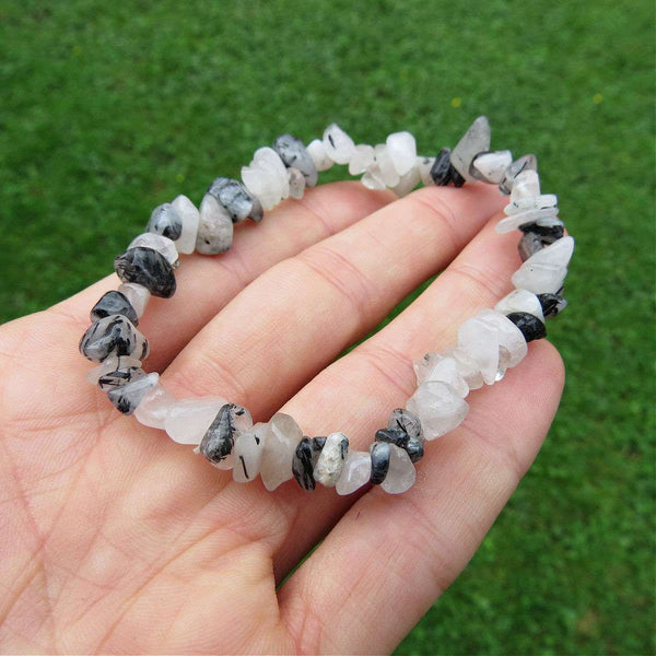 Tourmalinated Quartz Crystal Bracelet w/ Chip Stone Beads