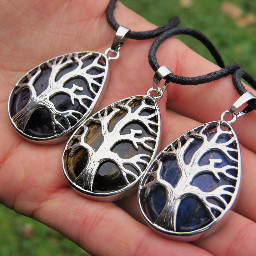 Tree of Life Crystal Necklace | Black Cord Stone Necklace for Men