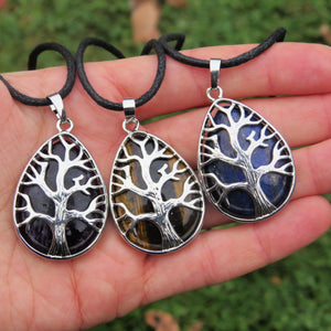 Silver Tree of Life Crystal Necklace for Men - Black Cord - Amethyst, Tigers Eye, Lapis Lazuli