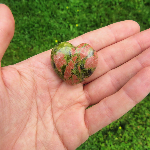 Carved Unakite Crystal Heart - Puffy Heart - Green/Pink