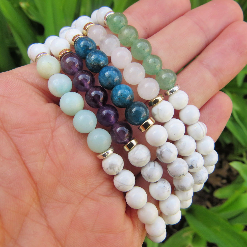 White Stone Beaded Crystal Bracelet | Calming Howlite + Stone of Choice 7.5 Large / ite (Light Blue) / Silver Plated Bead