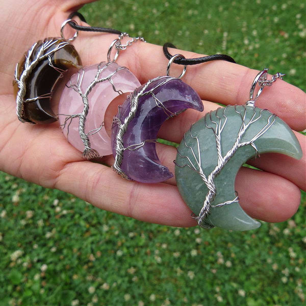 Tree of Life Crystal Moon Necklace | Wire Wrapped Stone Moon Necklace