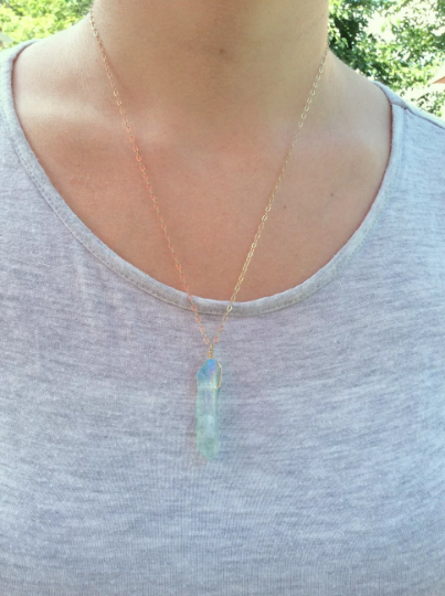 Blue Aura Quartz Necklace | Blue Rainbow Crystal Point Pendant