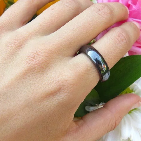 Black Stone Band Hematite Ring - On Model