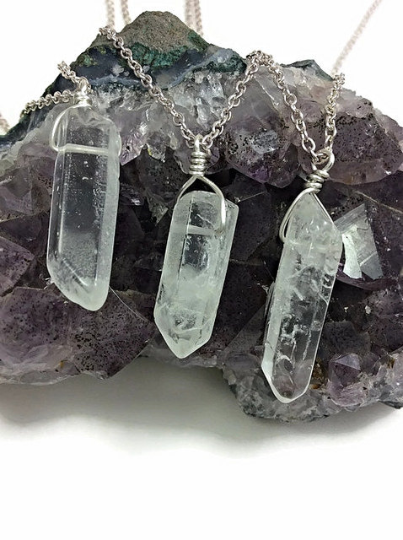 Clear Quartz Point Crystal Necklaces in Silver - Front